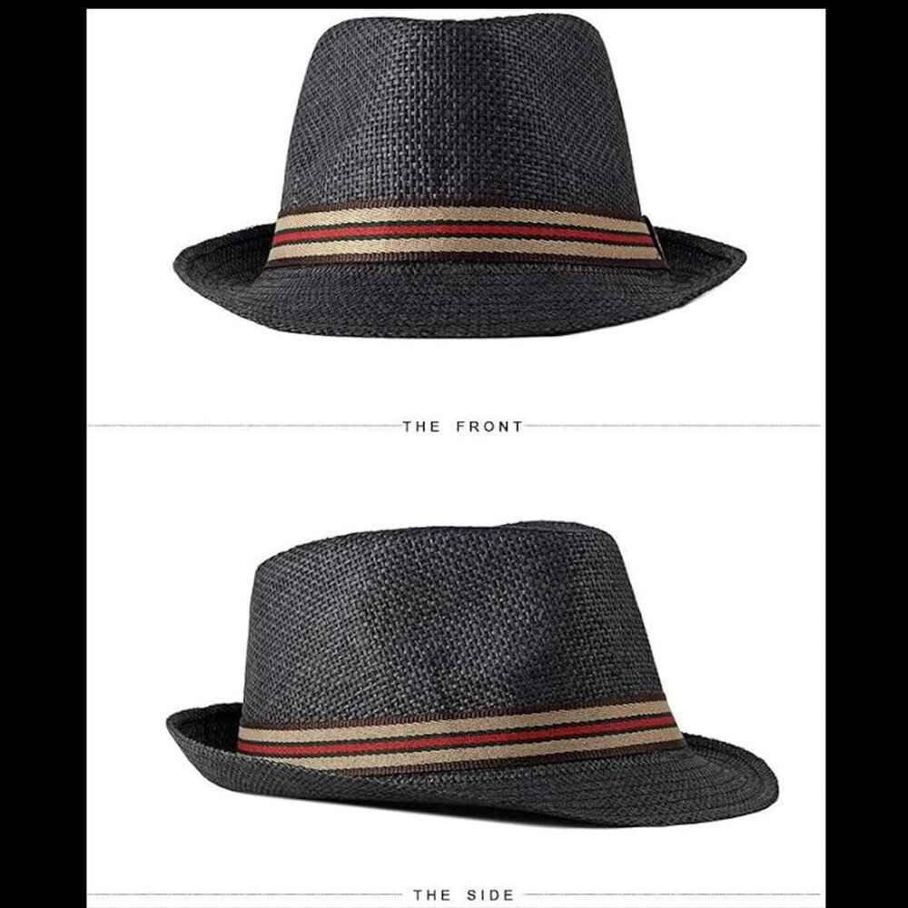 Italian Designer Inspired Black Hat Straw Fedora Tan Green Red Brown Band NWOT
